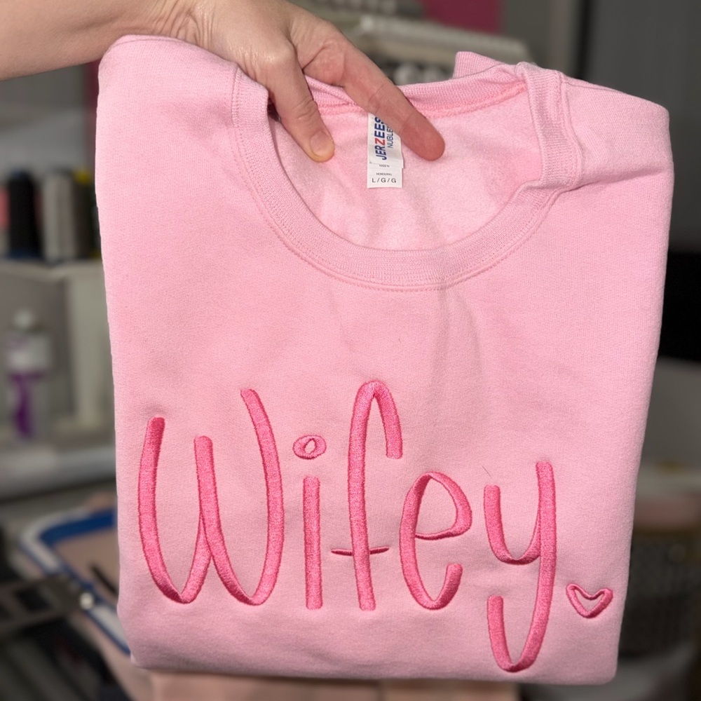 Gildan Pink 'Wifey' Embroidered Sweatshirt